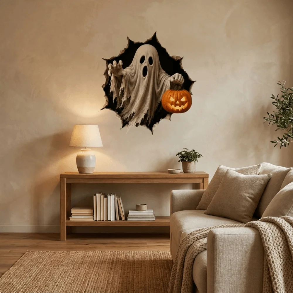 2D Flat Ghost Pumpkin Wall Decal Waterproof Spooky Crash Through Wall Decals Self-Adhesive Realistic