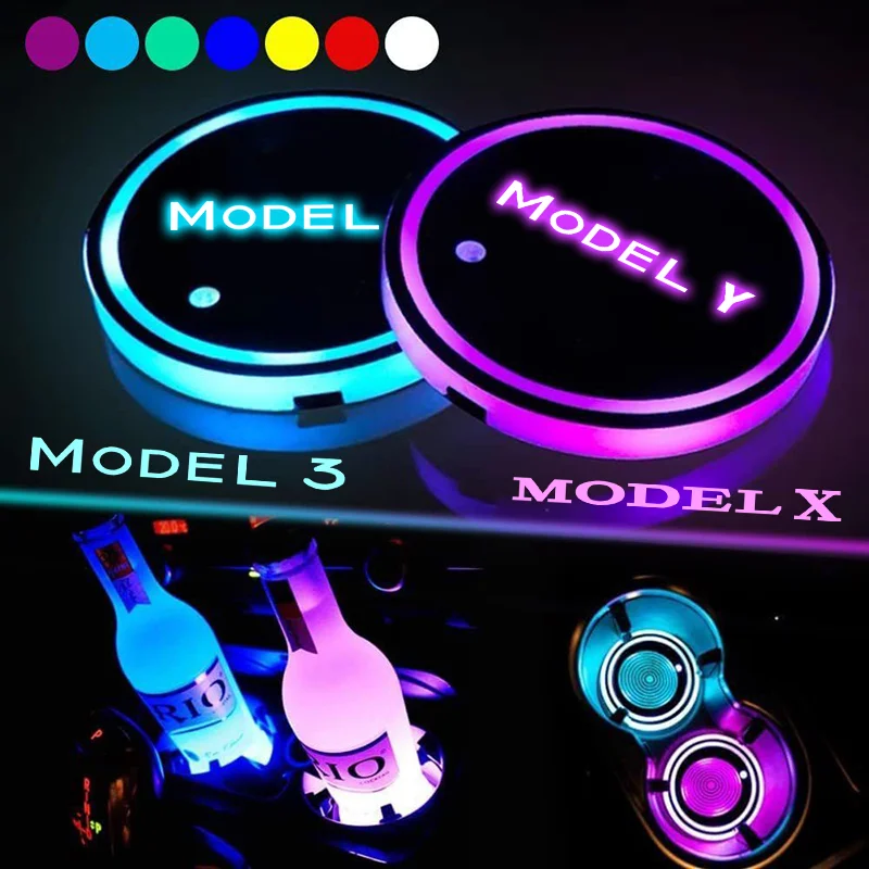 

2pcs LED Car Water Cup Mat Drink Holder For Tesla Model Y Model 3 Model X Model S Auto Interior Decorative Atmosphere Lights