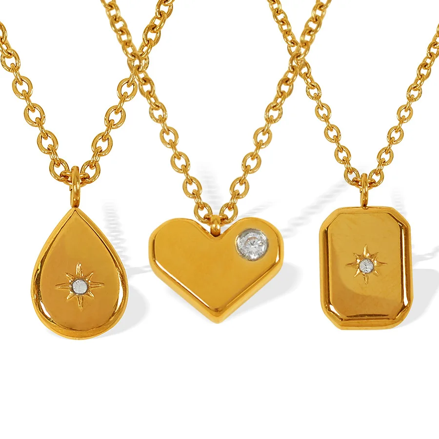 Geometric Block Water Drop Octagonal Star Zircon Titanium Steel Pendant Necklace 18K Gold Plated Waterproof Jewelry for Women