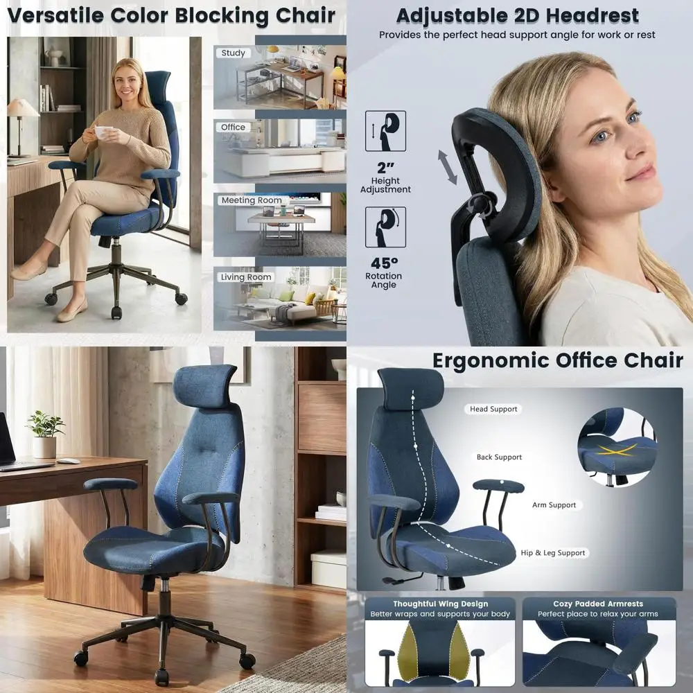 

Синее офисное кресло в стиле Mid-Century Modern с высокой спинкой, 2D-подголовником, функцией качания и колесиками для руководителей