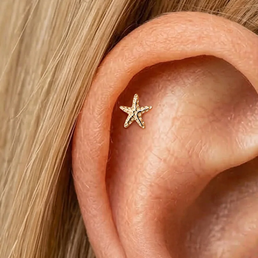 AIDE 14K Solid Gold Glossy Star/Moon/Starfish Piercing Earrings Women's G23 Titanium Flat Back Ear Bone Nail  Bridal Jewelry