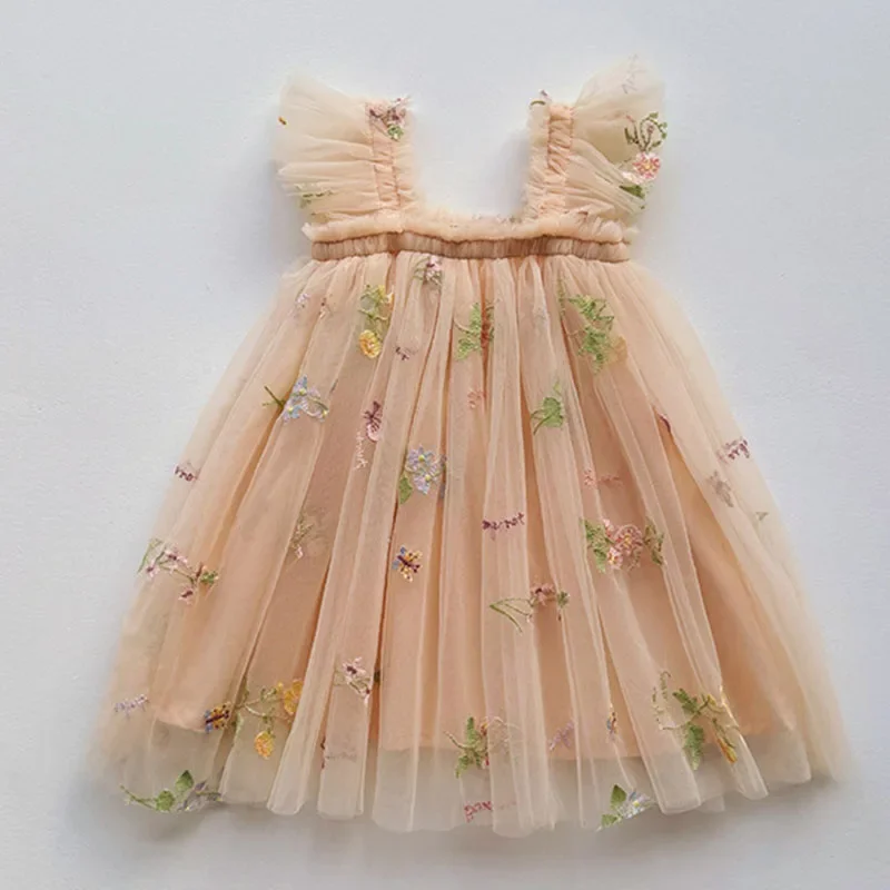 2025 New Summer Kids Princess Dresses Baby Girl Birthday Party Wedding Dress Sleeveless Cotton Mesh Splicing Sister Clothing