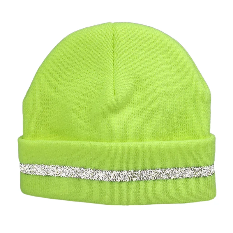 Bright Color Fireman Reflective Beanie Winter Safety Night Running Knitted Hat Warm Cuffed Hat Neon Yellow Orange Black