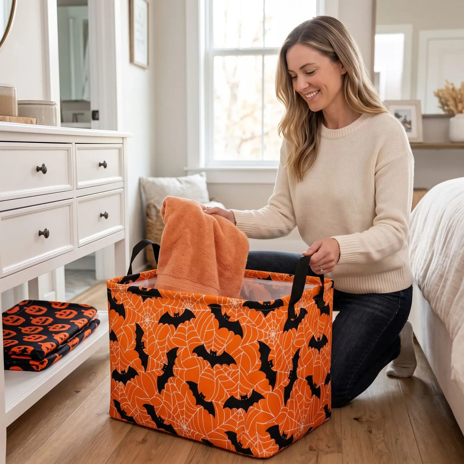 Halloween Laundry Basket Halloween Themed Printed Storage Container Foldable Storage Basket for Clothes Bathroom and Bedroom ﻿