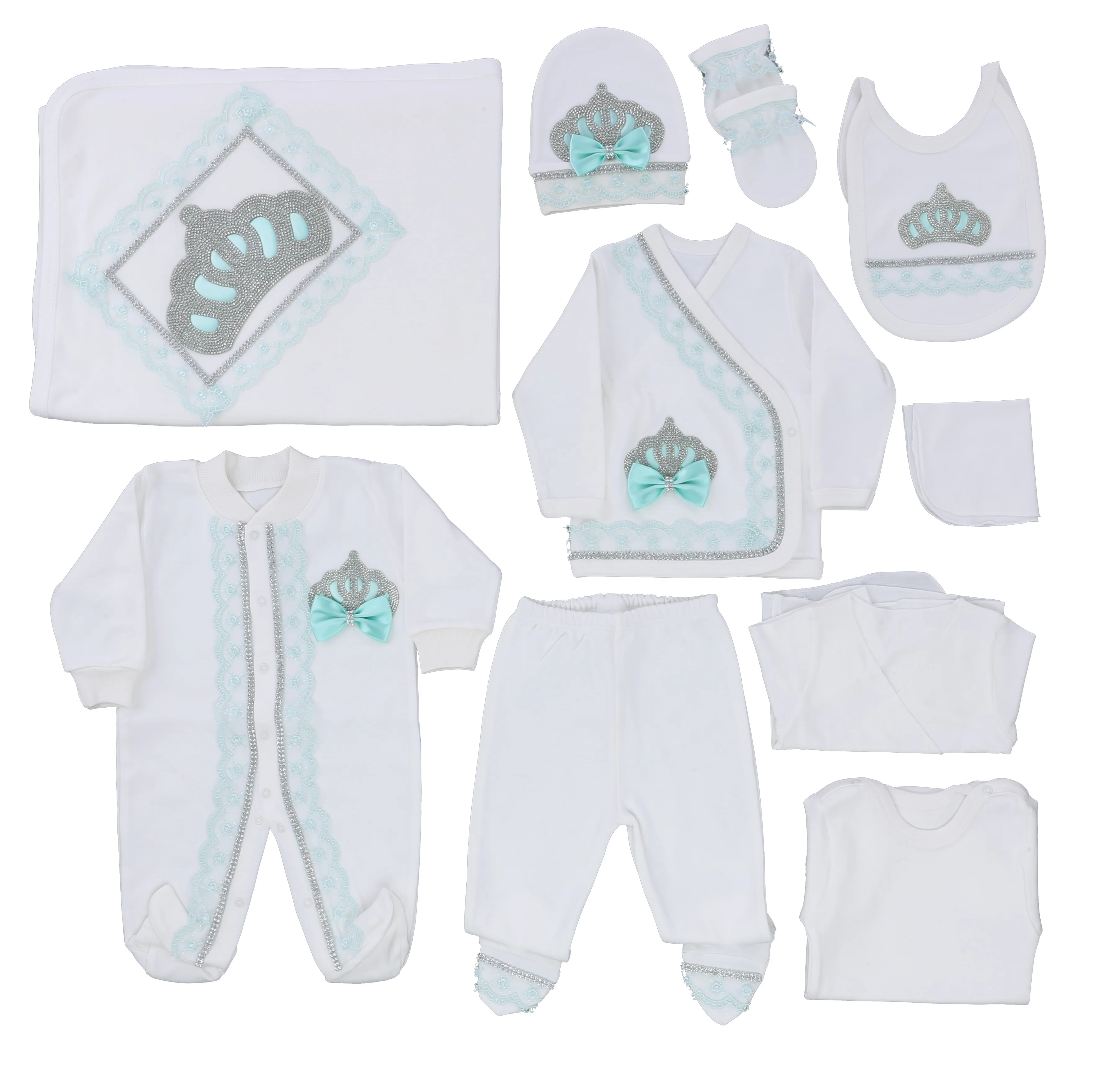 10 Pieces Cotton Knit Fabric Long Sleeve Bubble Wholesale High Quality Modern Mint Lace Baby Girl Romper Set, Baby Gift