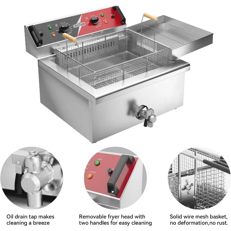 مقلاة تركية سلة ثلاثية كهربائية 24 رطل مع صنبور تصريف الزيت، رف تصريف الزيت، مقلاة عميقة على سطح الكونترتوب التجاري #3