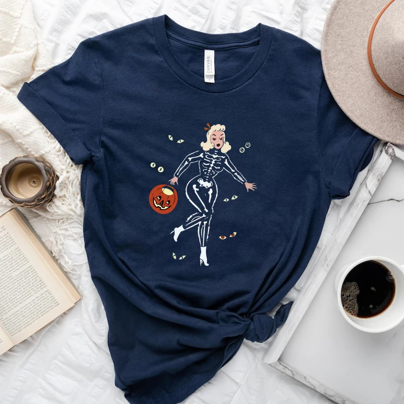 Spooky Night Lady Pumpkin Women T Shirts Cotton Halloween Clothes Causal Loose Witch Graphic Tee Wicca Festival Clothing Female