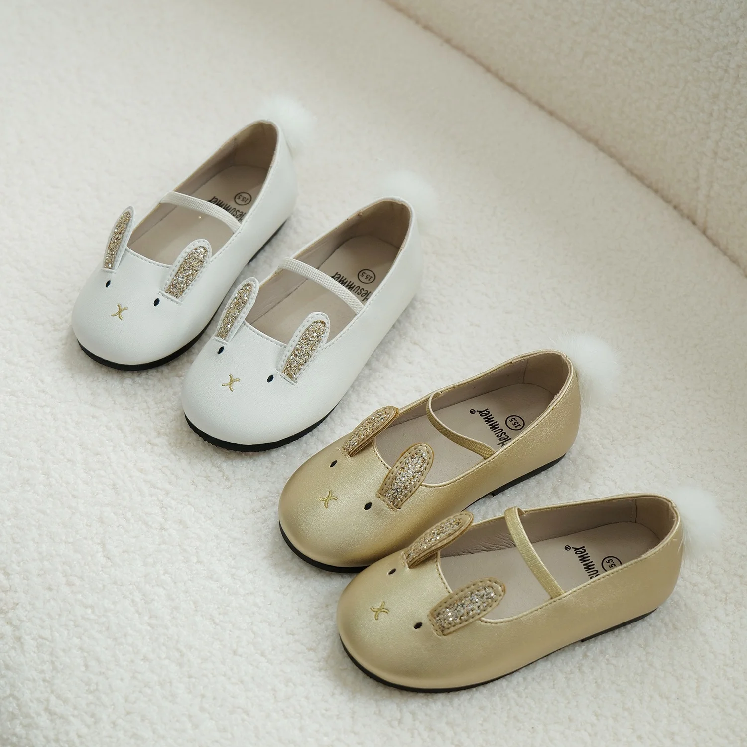 Cartoon Konijn Baby Meisjes Balletschoenen Gouden Witte Mooie Sable Haarbal Kinderflats Mary Jane Kids Casual Schoenen