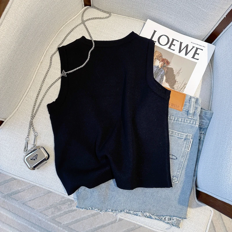 Camelia Beading Slim Knit Vests Women Crop Tops 2023 Summer Sleeveless O-neck Knitwear Pullover Elegant Vintage Stylish Vests