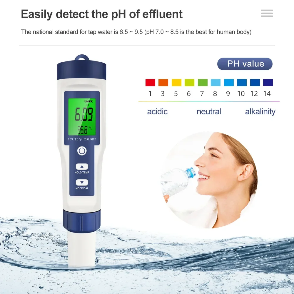 5 in 1 Water Quality Tester Digital TDS/EC/PH/Salinity/Temperature Meter for Pools Aquariums Water Quality Detector