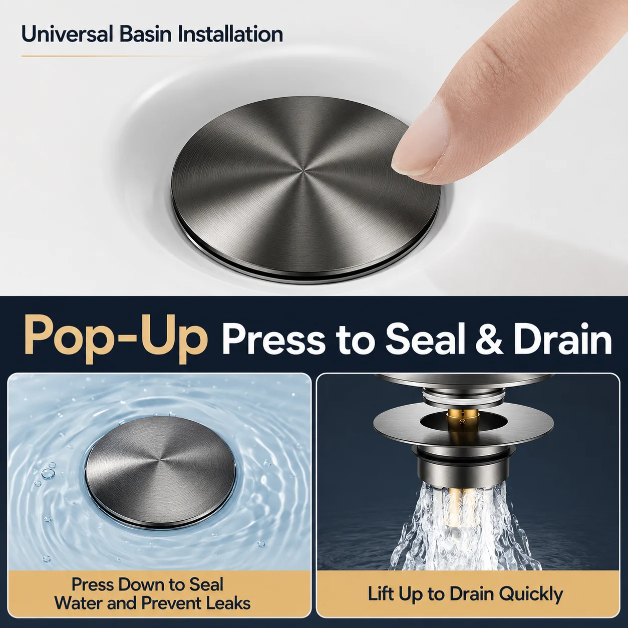 Stainless Steel Pop Up Sink Drain Stopper Hair Catcher Anti Clog Basin Filter Press Type Bounce Core