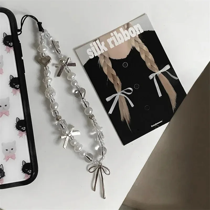 Korean Cute Ribbon Bowknot Love Heart Phone Chain Charm Lanyard For iPhone Samsung Huawei Universal Accessories Jewelry Pendant