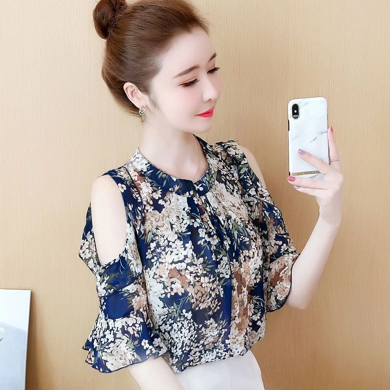

Latest Trendy Off-Shoulder Chiffon Top for Ladie's Summer 2026 Short Sleeve Ruffle Floral Design