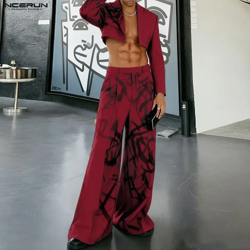 

INCERUN Men Sets Printing Lapel Long Sleeve Crop Blazer & Pants Two Pieces Sets Streetwear Loose Fashion Men Casual Suits S-5XL