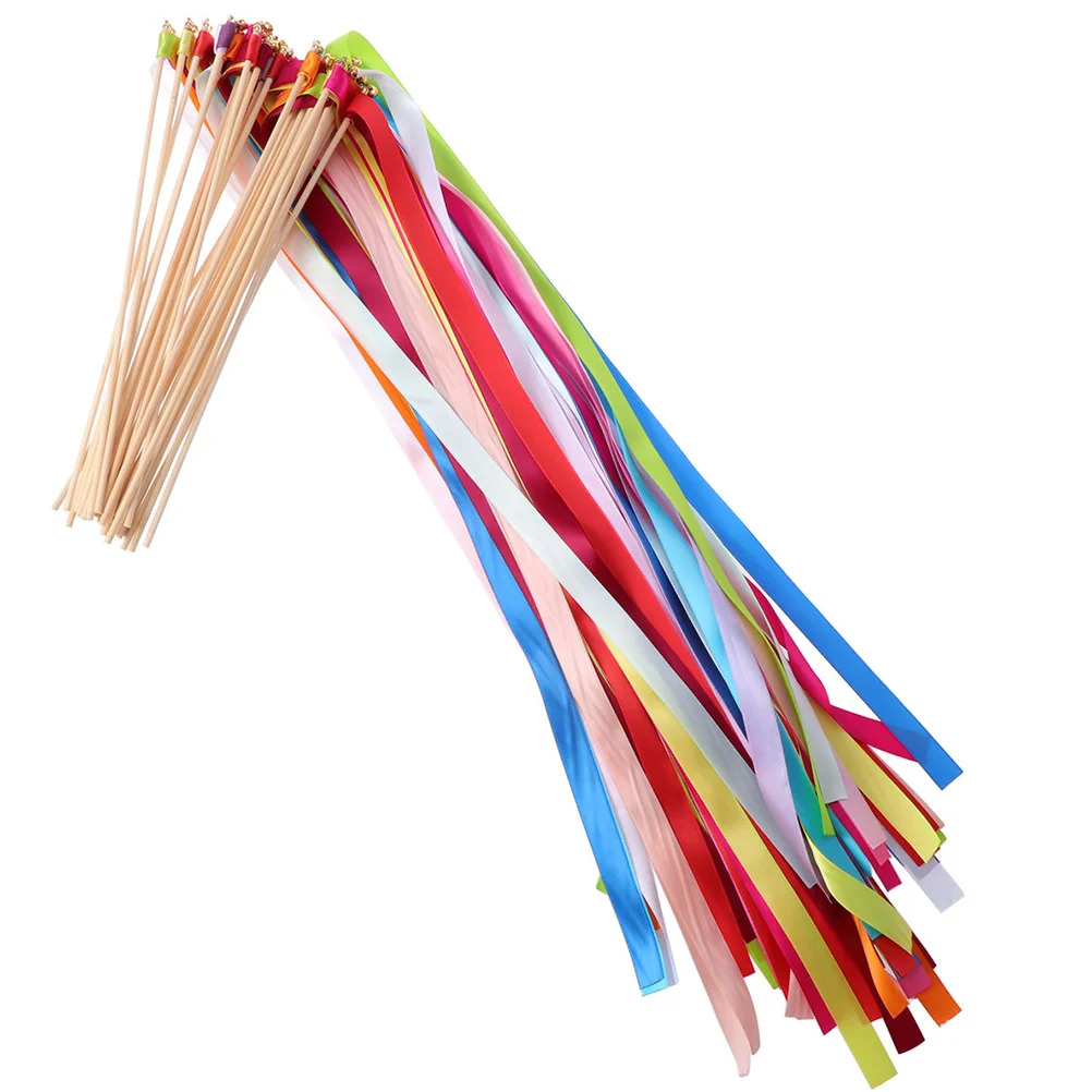 20 Pcs Ribbon Fairy Wand Bells Stick Party Sticks Streamers Wands Manual Birthday Decoration Dancing Wooden