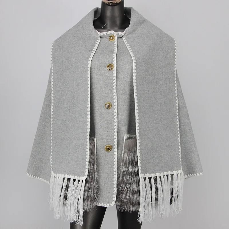 

FURYOURSELF 2023 Real Silver Fox Fur Pocket Winter Women Jacket Wool Blends Cashmere Coat Knitted Tassel Scarf Collar Outerwear