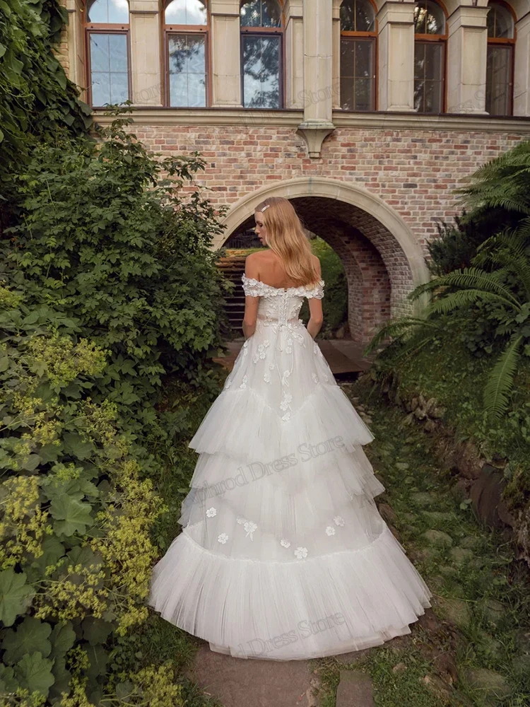 فساتين زفاف رائعة على شكل حرف A زي العرائس تول طبقات رداء دانتيل زينة قبالة الكتف Vestidos De Novia مخصصة 2026 #2