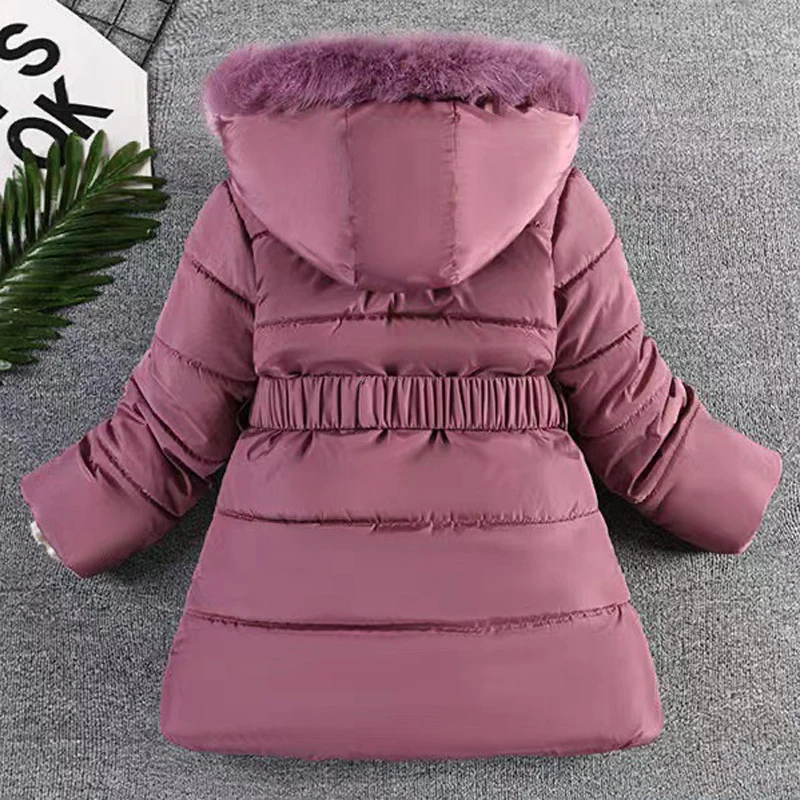 Long Teen Girls Jacket Winter Solid Color Peach Heart Print Plus Velvet Hooded Coat For 4-10Y Kids Thick Down Cotton Snowsuit