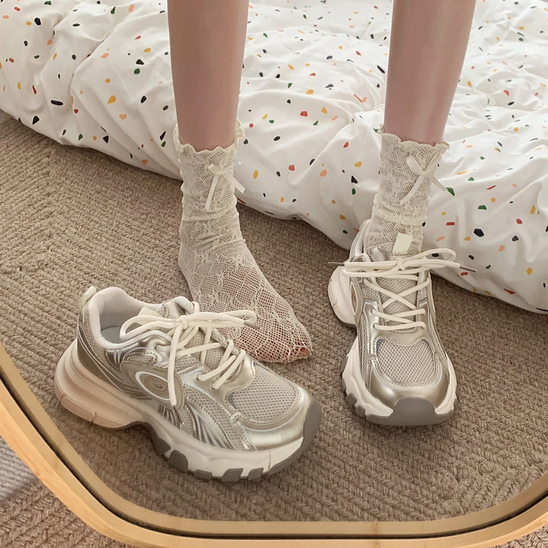 Ladies Sneakers Women Mesh Solid Color Female Sneakers Patchwork Thick Sole Lace-up 2024 Spring Female Leisure Shoes Handmade