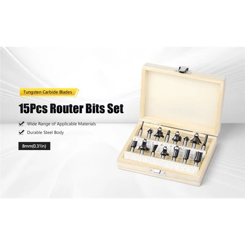 ABZC-Punte per router per la lavorazione del legno Set da 15 pezzi Macchina per incidere nera a 8 maniglie/Set di punte per trimmer elettrico per legno
