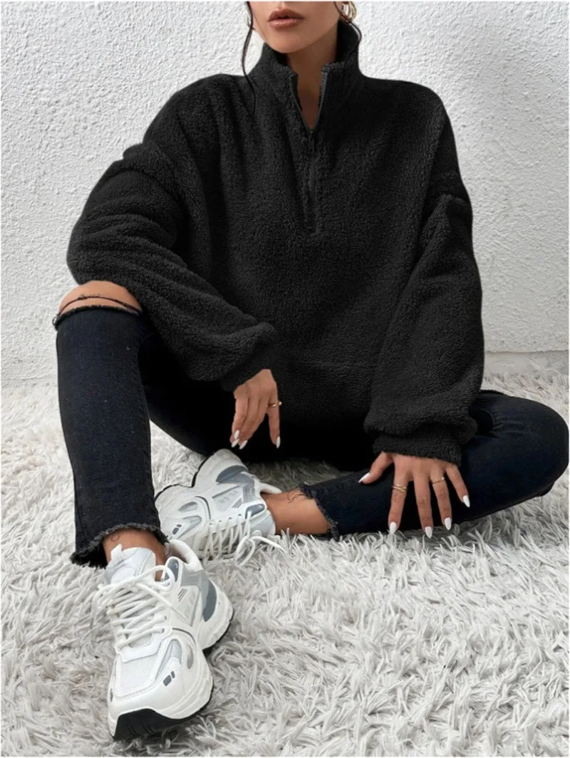2026 Autumn Winter New Plush Thick Women's Stand Up Collar Half Zipper Pullover Fashion Casual Loose Large Pocket Sweatshirt