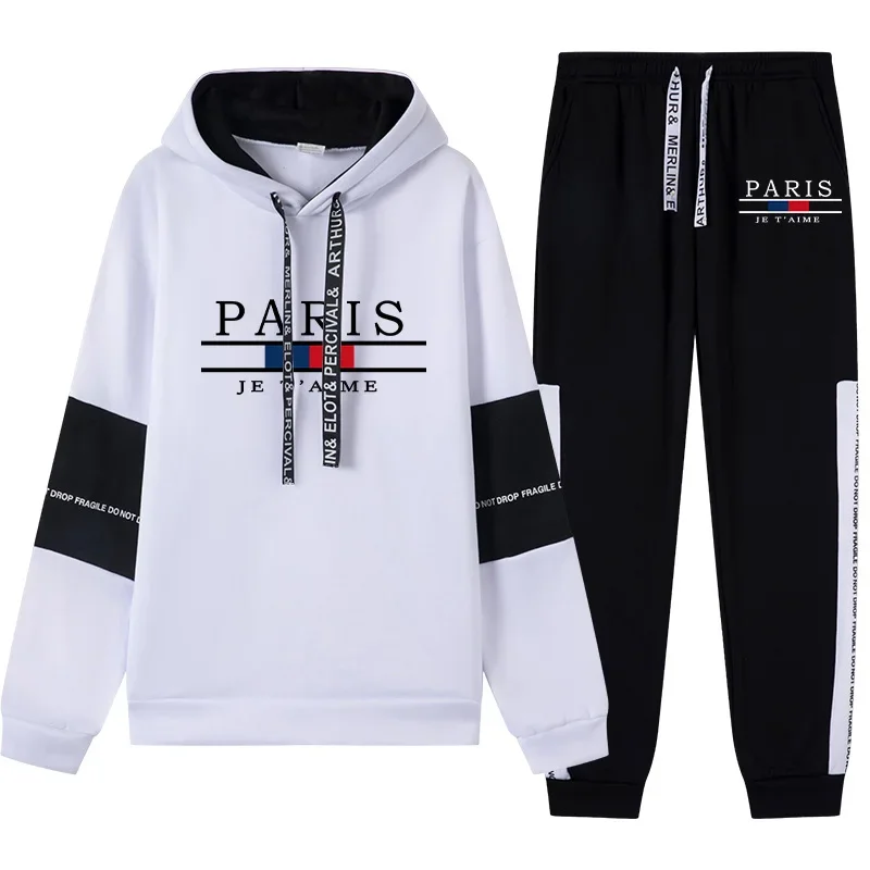 Otoño Invierno hombres chándal estampado Casual Sudadera con capucha + Pantalones de chándal conjunto de 2 piezas de lujo negro blanco ropa de desplazamiento diario