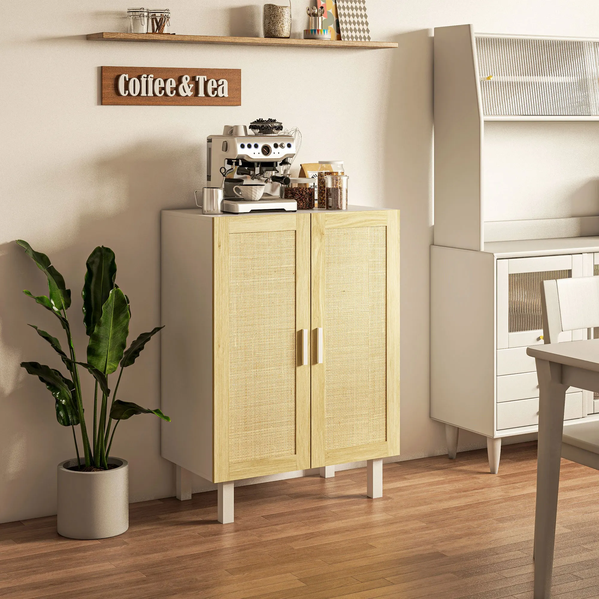 

Kitchen Storage Cabinet W/ 2 Rattan Doors Adjustable Shelves, White and Natural