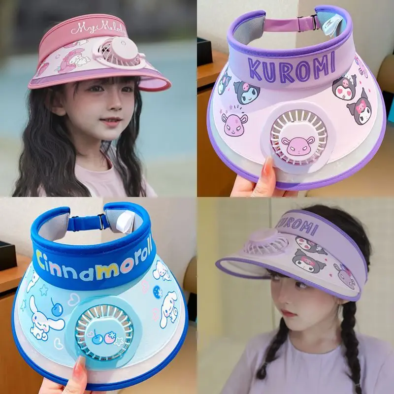 Anime Cinnamoroll Children's Sunshade Hat Kawaii My Melody Kuromi Cartoon Sunscreen Sunshade with Fan Hat Kt Cat Cute Beach Hat