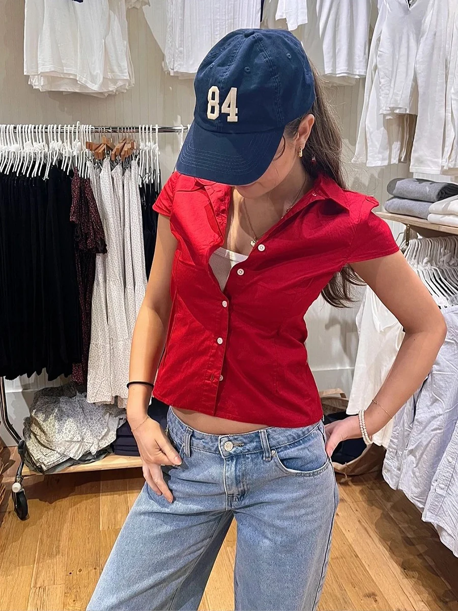 Red Basic Slim T-Shirt Blouse Woman Summer Turn Down Collar Single Breasted Cotton Tee Top Fashion Streetwear Short Sleeve Shirt