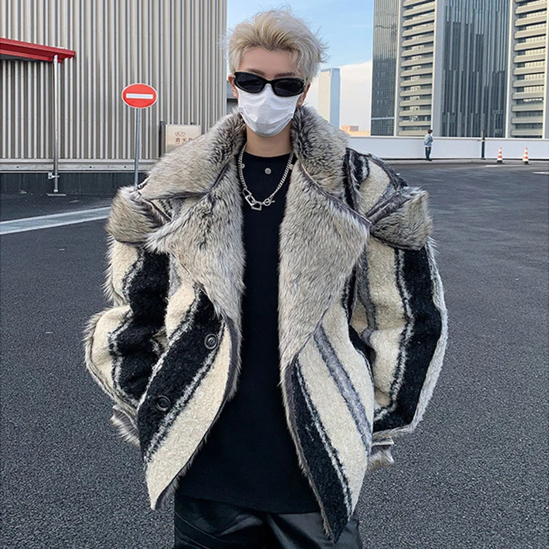 WTHT Fashion Men's Spliced Contrast Color Thicken Faux Fur Coats Trendy 2026 Spring Turn Down Collar Loose Jackets Male 2A2764