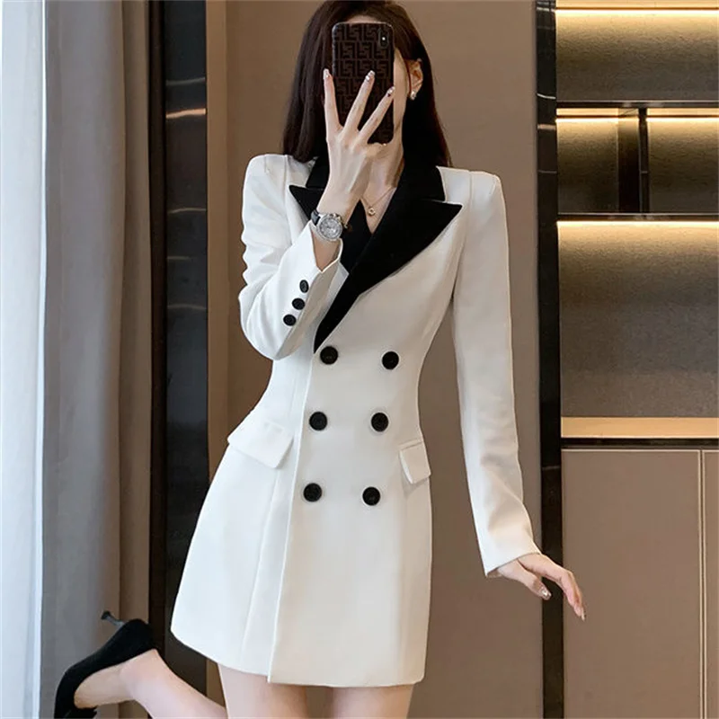 French White Mid Length Version Blazer Dress For Women 2025 Spring New High End Celebrity Style Slim A-line Dress Splicing Coat