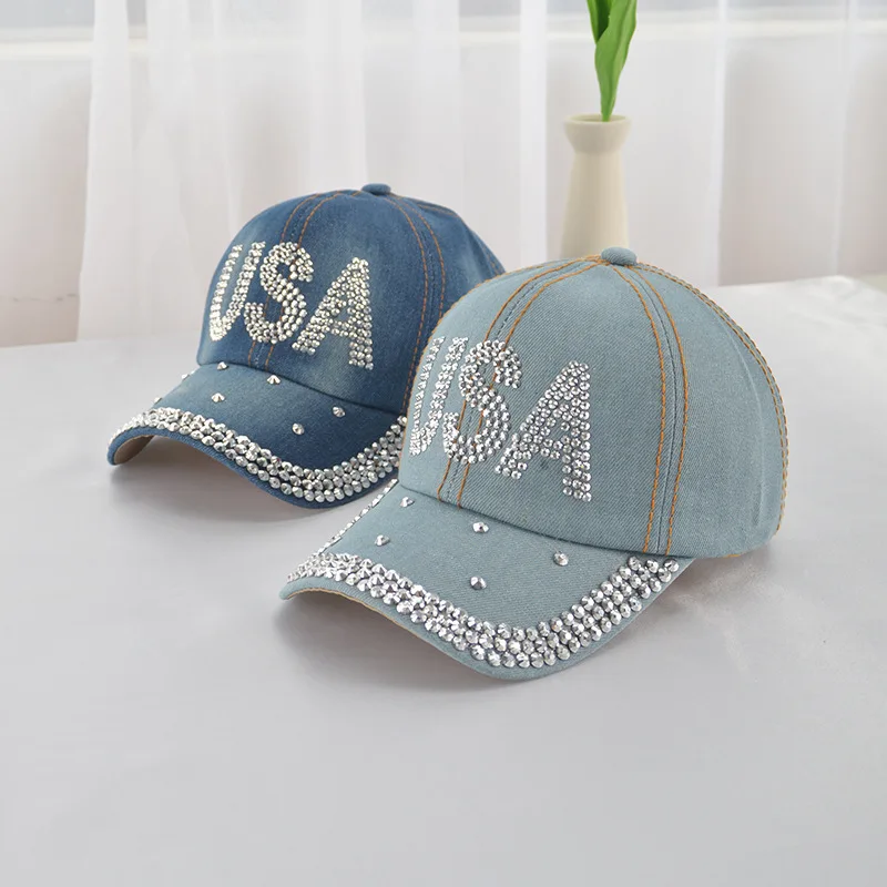 Baseball Cap Women Rhinestone Denim Cloth Sunshade Snapback Hats For Women Summer Spring Travel Sun Hat USA Outdoor Casual New