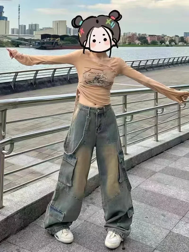 Jeans cargo larghi retrò americani da donna a vita alta tasche multiple pantaloni in denim vintage streetwear pantaloni larghi a gamba larga