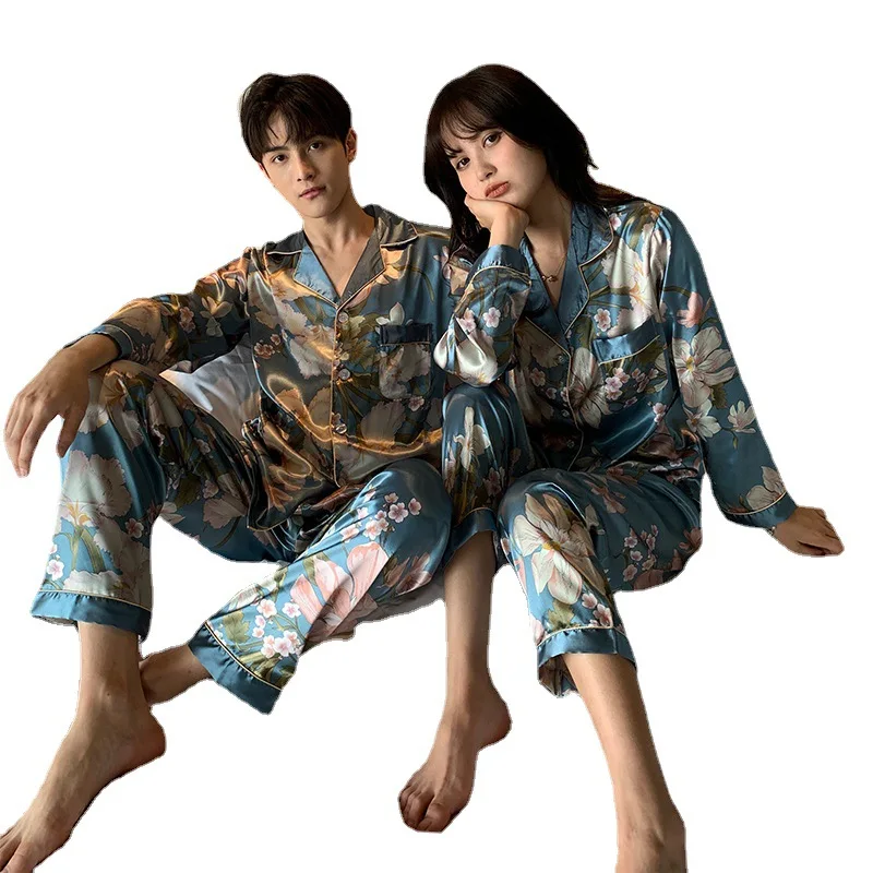 Pijama de satén con estampado de flores para mujer, traje de 2 piezas de manga larga, ropa íntima para el hogar, lencería informal para dormir, novedad de primavera