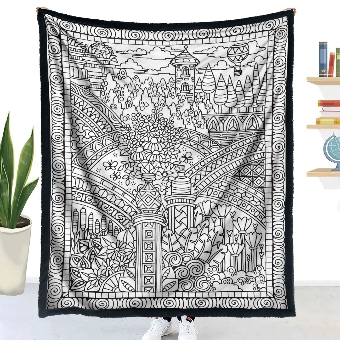 Comfortable Light Flannel Blanket Fantasy Garden Castle Coloring Sketch Nature Landscape Design Versatile Cover for Couch Bed