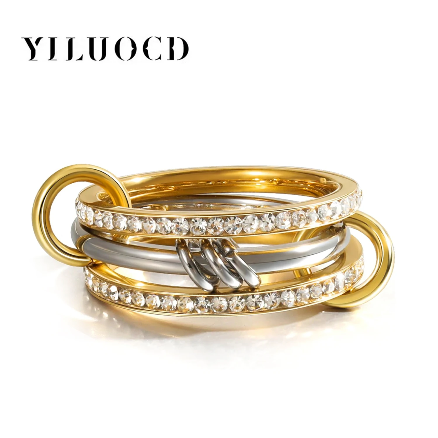 Neue stapelbare Ringe aus Edelstahl mit kubischem Zirkonia für Damen, 18 Karat vergoldet, mit mehreren Verbindung verbundener Statement-Ring, Stapel-Schmuck