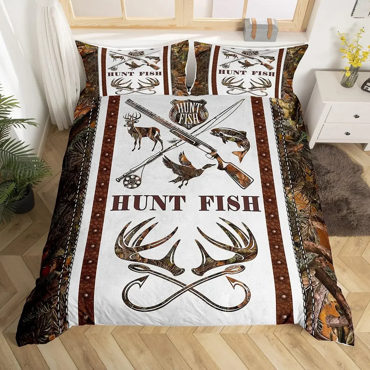 Fishhook Duvet Cover Set Twin Size Fishing Bedding Set Fish Hook Pattern Comforter Set,Modern Quilt Cover for Teen Adult