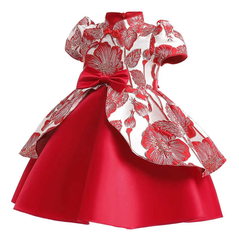 Girls Elegance Dress Kids Appropriate Vintage Embroidered Modernized Cheongsam Children Fashion Knot Puff Sleeve Princess Skirt