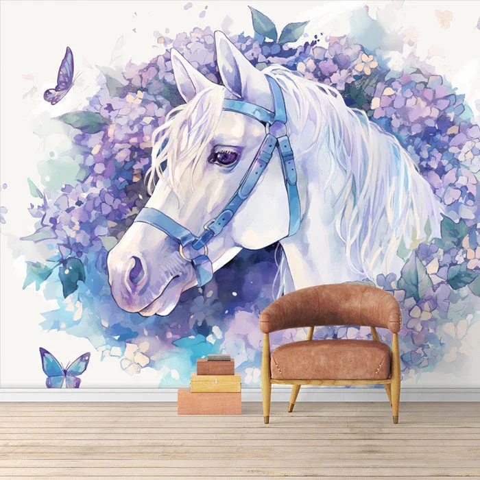 Horse and Floral Mural Wallpaper girl's bedroom Purple, Blue and White Horse Custom Peel and stick wallpaper