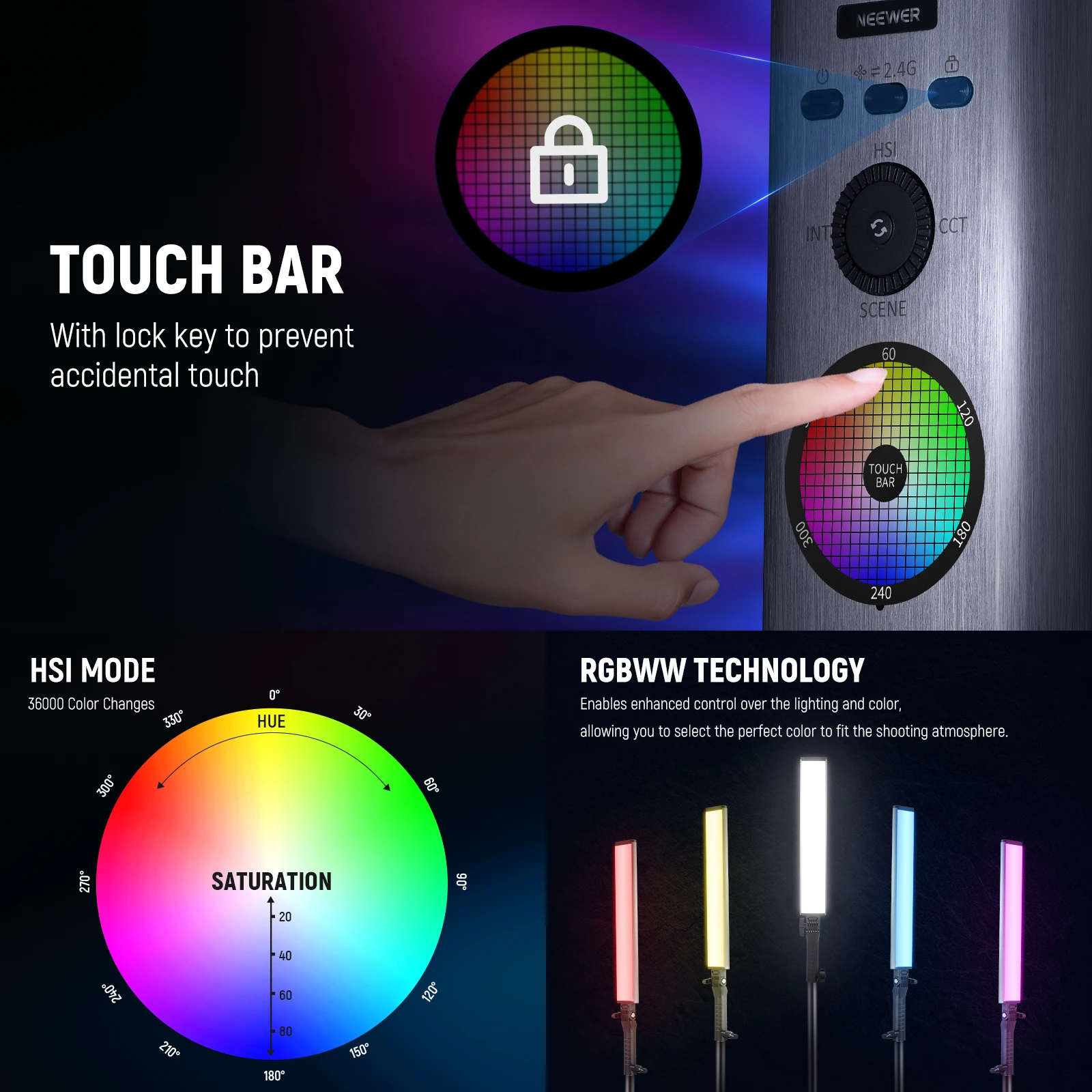 Imagem -04 - Neewer-rgb Light Wand com Controle de Aplicativos Iluminação de Vídeo Led Portátil Atualizado 360 ° Touchable Rgbww Hue Mixer Fotografia 2.4g