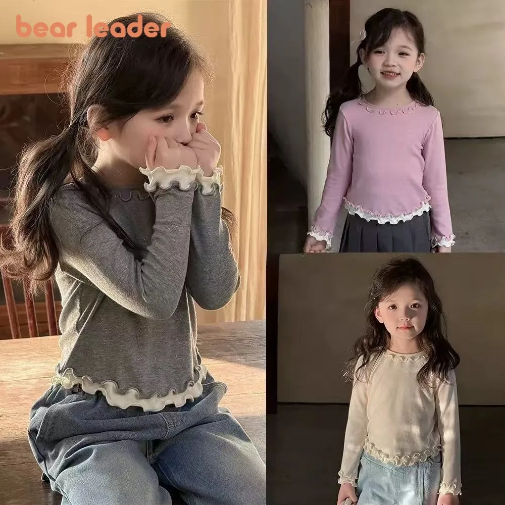 Bear Leader الربيع والخريف جديد الفتيات أسفل القميص النسخة الكورية أزياء من الدانتل الربط وهمية قطعتين طويلة الأكمام تي شيرت