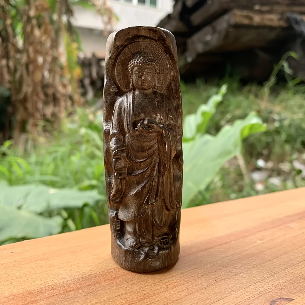 1 Piece of Amitabha Buddha Statue Ornament, Carved from Natural Wood, Desktop Living Room Buddha Statue, Holiday Decoration, Small Wooden Statue Ornament
