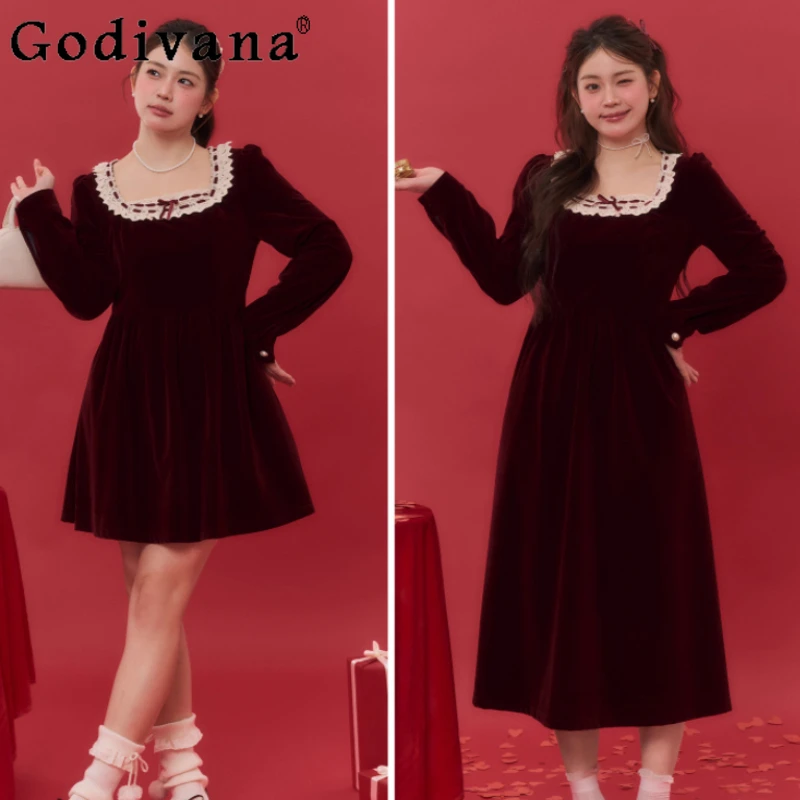 

Large Size French A-line Velvet Women Long Sleeve Slim Dress Fashion High Waist Versatile A-line Elegant Banquet Korean Dresses