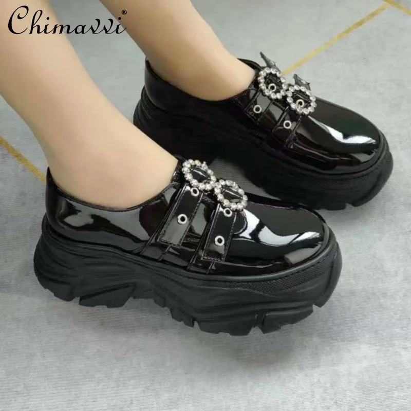 Japanese Mine Style Diamond Buckle Sports Sole Black Platform Shoes Autumn New Mass-produced Sweet Girls Womens Single Shoes