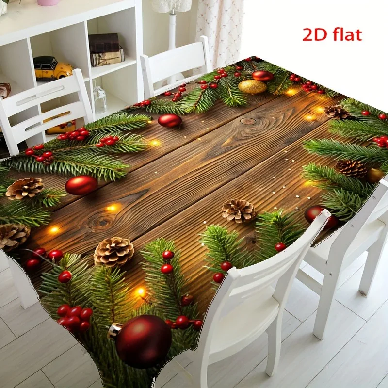 1pc 2D Flat Christmas Tablecloth with Pinecone and Red Berry Pattern, Rectangular Table Cover Suitable for Holiday Banquet Decor