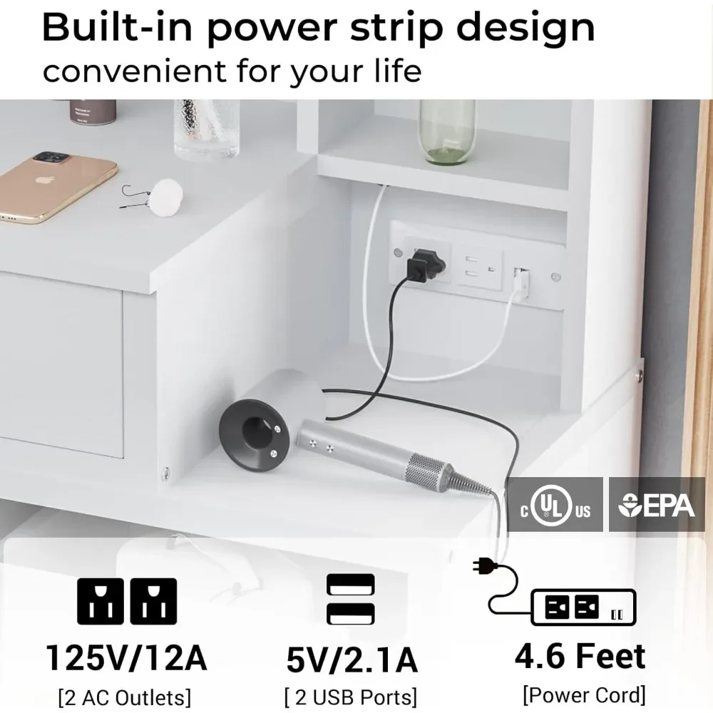 طاولة مكياج مع 10 مصابيح ، مكتب زينة حديث مع مرآة ، 3 أوضاع إضاءة ، طاولة زينة مع منافذ ومنافذ USB