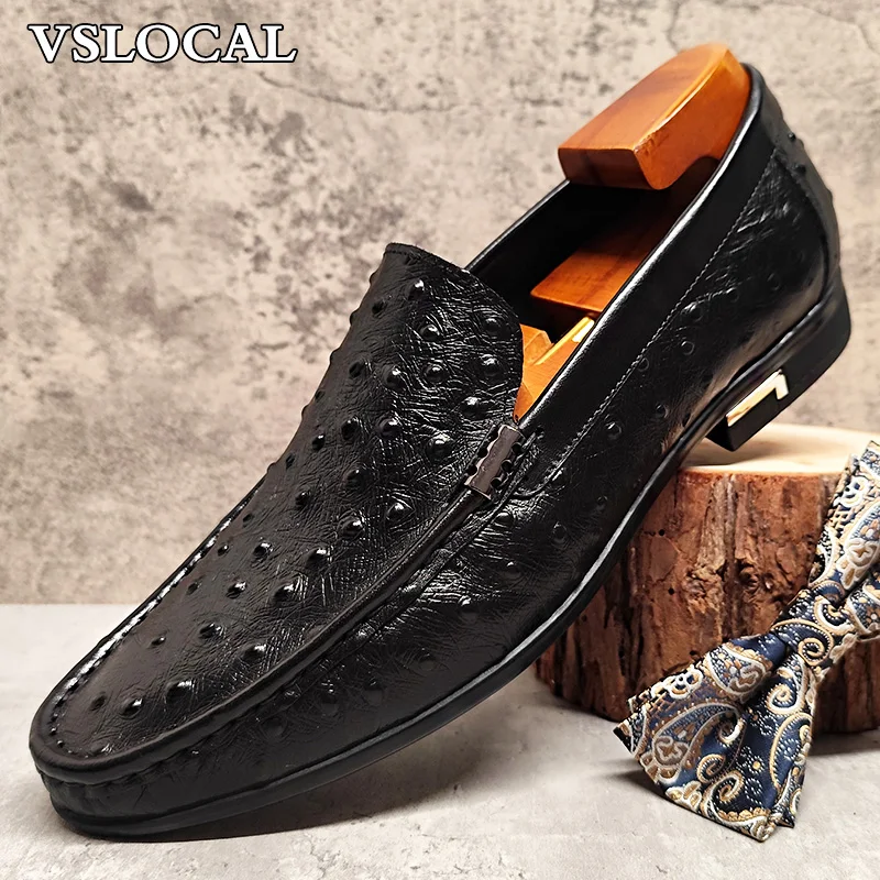 Luxury Brand Men Loafers Shoes Black Brown Ostrich Print Pointed Toe Slip-on Casual Mens Dress Shoes Slip on Loafers Men