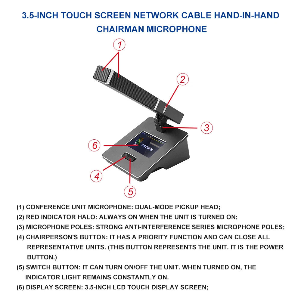 Ipalead M-LN205A 3.5-inch Touch-Screen Square Chairperson Microphone Camera Tracking Audio Conference System 20Hz-20KHz