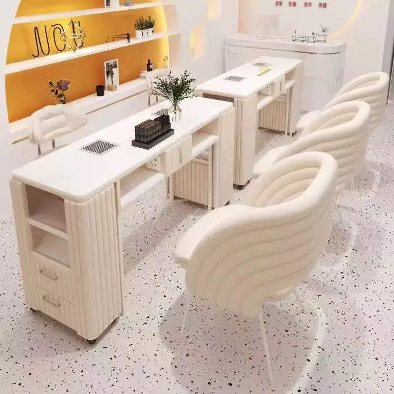 &c Light Luxury Nail Bar Salon Manicure Table and Chair Set Stainless Steel Wood Marble for Mall Application