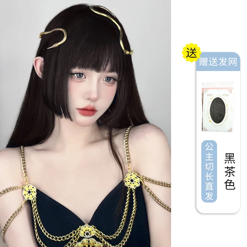 باروكة صناعية طويلة مستقيمة للنساء، شعر أسود طبيعي، شعر مستعار برأس كامل، شعر مستعار لطيف للحفلات التنكرية اليومية